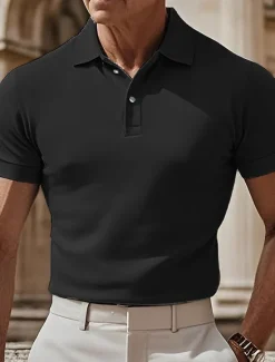 Online OUKU Men's Golf Polos Shirts Work Casual Lapel Short Sleeve Basic Modern Plain Buttons Summer Spring Regular Fit Black White Navy Blue sky blue Dark Green Khaki Golf Polos Shirts