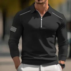 New OUKU Men's Golf Shirt American Flag Polo Shirt Work Daily Wear Quarter Zip Long Sleeve Fashion Comfortable National Flag Embroidery Zip Up Spring & Fall Regular Fit White Navy Blue Army Green Golf Black
