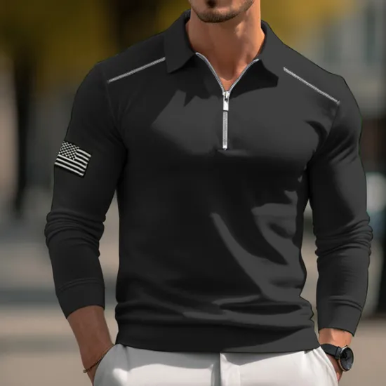 New OUKU Men's Golf Shirt American Flag Polo Shirt Work Daily Wear Quarter Zip Long Sleeve Fashion Comfortable National Flag Embroidery Zip Up Spring & Fall Regular Fit White Navy Blue Army Green Golf Black
