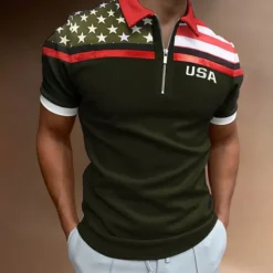 Clearance OUKU Men's Golf Shirt American Flag Polo Shirt Street Casual Turndown Quarter Zip Short Sleeve Fashion Casual Flag Zipper Quarter Zip Spring & Summer Regular Fit Navy Blue Dark Green Gray Golf Shirt