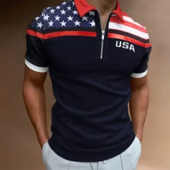 Clearance OUKU Men's Golf Shirt American Flag Polo Shirt Street Casual Turndown Quarter Zip Short Sleeve Fashion Casual Flag Zipper Quarter Zip Spring & Summer Regular Fit Navy Blue Dark Green Gray Golf Shirt
