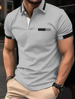 OUKU Men's Golf Shirt Golf Polos Shirts Work Casual Lapel Short Sleeve Basic Modern Color Block Patchwork Buttons Spring Regular Fit Black Blue sky blue Brown Green Light Grey Golf Shirt