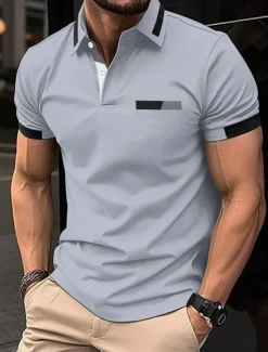 OUKU Men's Golf Shirt Golf Polos Shirts Work Casual Lapel Short Sleeve Basic Modern Color Block Patchwork Buttons Spring Regular Fit Black Blue sky blue Brown Green Light Grey Golf Shirt
