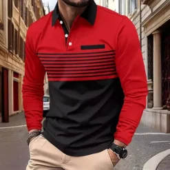 Sale OUKU Men's Golf Shirt Golf Polo Work Casual Lapel Long Sleeve Basic Modern Stripes Button Pocket Spring & Fall Regular Fit Pumpkin Pink Red Green Khaki Gray Golf Shirt