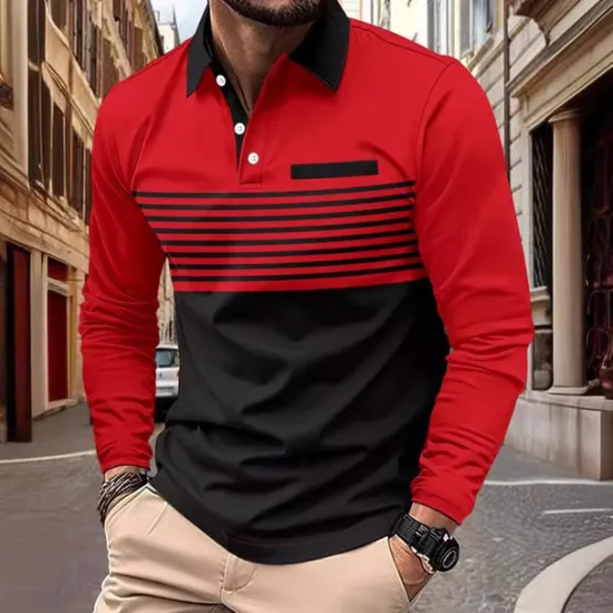 Sale OUKU Men's Golf Shirt Golf Polo Work Casual Lapel Long Sleeve Basic Modern Stripes Button Pocket Spring & Fall Regular Fit Pumpkin Pink Red Green Khaki Gray Golf Shirt
