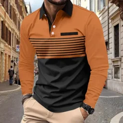 Sale OUKU Men's Golf Shirt Golf Polo Work Casual Lapel Long Sleeve Basic Modern Stripes Button Pocket Spring & Fall Regular Fit Pumpkin Pink Red Green Khaki Gray Golf Shirt