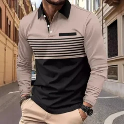 Sale OUKU Men's Golf Shirt Golf Polo Work Casual Lapel Long Sleeve Basic Modern Stripes Button Pocket Spring & Fall Regular Fit Pumpkin Pink Red Green Khaki Gray Golf Shirt