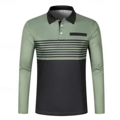 Sale OUKU Men's Golf Shirt Golf Polo Work Casual Lapel Long Sleeve Basic Modern Stripes Button Pocket Spring & Fall Regular Fit Pumpkin Pink Red Green Khaki Gray Golf Shirt