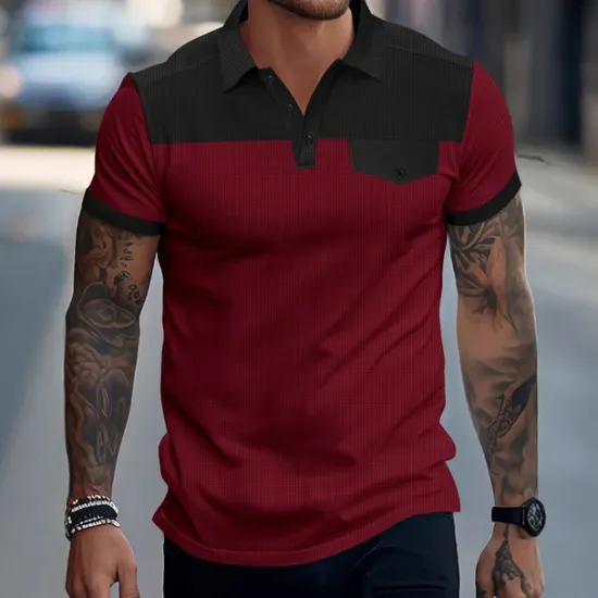 Clearance OUKU Men's Golf Shirt Golf Polos Shirts Work Casual Lapel Short Sleeve Basic Modern Color Block Patchwork Buttons Summer Spring Regular Fit Wine Green Khaki Gray Golf Shirt