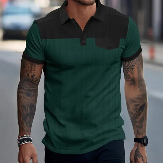 Clearance OUKU Men's Golf Shirt Golf Polos Shirts Work Casual Lapel Short Sleeve Basic Modern Color Block Patchwork Buttons Summer Spring Regular Fit Wine Green Khaki Gray Golf Shirt
