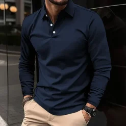 OUKU Men's Golf Shirt Golf Polo Work Casual Lapel Long Sleeve Basic Modern Plain Button Spring & Fall Regular Fit Wine Black White Pink Navy Blue Green Golf Shirt