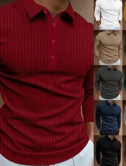 Sale OUKU Men's Golf Shirt Golf Polos Shirts Work Casual Lapel Long Sleeve Basic Modern Plain Jacquard Patchwork Buttons Spring & Fall Regular Fit Black White Yellow Red Navy Blue Dark Green Golf Shirt
