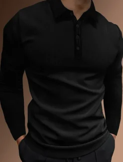 Sale OUKU Men's Golf Shirt Golf Polos Shirts Work Casual Lapel Long Sleeve Basic Modern Plain Jacquard Patchwork Buttons Spring & Fall Regular Fit Black White Yellow Red Navy Blue Dark Green Golf Shirt