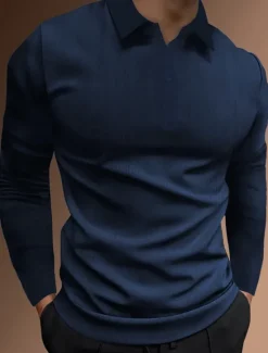 Sale OUKU Men's Golf Shirt Golf Polos Shirts Work Casual Lapel Long Sleeve Basic Modern Plain Jacquard Patchwork Buttons Spring & Fall Regular Fit Black White Yellow Red Navy Blue Dark Green Golf Shirt