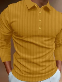 Sale OUKU Men's Golf Shirt Golf Polos Shirts Work Casual Lapel Long Sleeve Basic Modern Plain Jacquard Patchwork Buttons Spring & Fall Regular Fit Black White Yellow Red Navy Blue Dark Green Golf Shirt