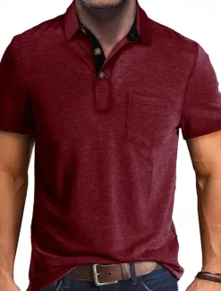 OUKU Men's Golf Shirt Golf Polos Shirts Work Casual Lapel Short Sleeve Basic Modern Plain Buttons Front Pocket Summer Spring Regular Fit Apricot Dark Gray Lake Blue Black White Dark Red Golf Shirt