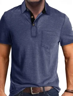 OUKU Men's Golf Shirt Golf Polos Shirts Work Casual Lapel Short Sleeve Basic Modern Plain Buttons Front Pocket Summer Spring Regular Fit Apricot Dark Gray Lake Blue Black White Dark Red Golf Shirt