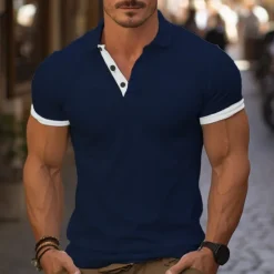 Online OUKU Men's Golf Shirt Golf Polo Work Casual Lapel Short Sleeve Basic Modern Color Block Deer Patchwork Embroidered Spring & Summer Regular Fit Wine Lake Blue Denim Blue Navy blue+white Dark Gray+Light