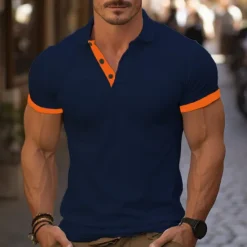 Online OUKU Men's Golf Shirt Golf Polo Work Casual Lapel Short Sleeve Basic Modern Color Block Deer Patchwork Embroidered Spring & Summer Regular Fit Wine Lake Blue Denim Blue Navy blue+white Dark Gray+Light