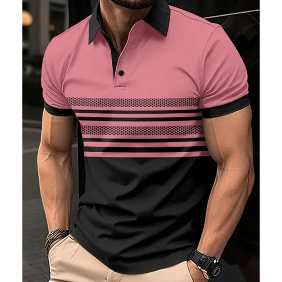 Online OUKU Men's Golf Shirt Golf Polos Shirts Work Casual Lapel Short Sleeve Basic Modern Striped Buttons Summer Regular Fit White Pink Red Royal Blue Green Khaki Golf Shirt