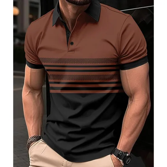 Online OUKU Men's Golf Shirt Golf Polos Shirts Work Casual Lapel Short Sleeve Basic Modern Striped Buttons Summer Regular Fit White Pink Red Royal Blue Green Khaki Golf Shirt