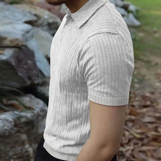 Sale OUKU Men's Golf Shirt Golf Polos Shirts Work Casual Lapel Short Sleeve Basic Modern Plain Vertical Stripes Buttons Summer Spring Regular Fit Black White Wine Khaki Light Grey Golf Shirt