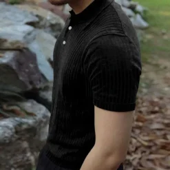 Sale OUKU Men's Golf Shirt Golf Polos Shirts Work Casual Lapel Short Sleeve Basic Modern Plain Vertical Stripes Buttons Summer Spring Regular Fit Black White Wine Khaki Light Grey Golf Shirt