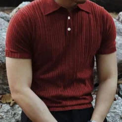 Sale OUKU Men's Golf Shirt Golf Polos Shirts Work Casual Lapel Short Sleeve Basic Modern Plain Vertical Stripes Buttons Summer Spring Regular Fit Black White Wine Khaki Light Grey Golf Shirt