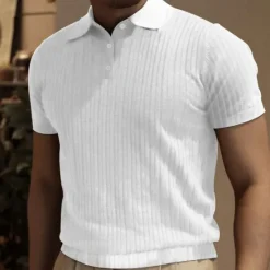 Sale OUKU Men's Golf Shirt Golf Polos Shirts Work Casual Lapel Short Sleeve Basic Modern Plain Vertical Stripes Buttons Summer Spring Regular Fit Black White Wine Khaki Light Grey Golf Shirt