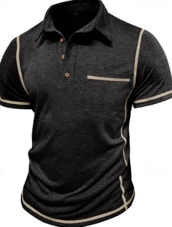 Outlet OUKU Men's Golf Shirt Golf Polos Shirts Work Casual Lapel Short Sleeve Basic Modern Color Block Patchwork Buttons Summer Regular Fit Black White Green Khaki Light Blue Gray Golf Shirt