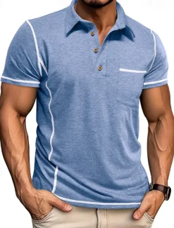 Outlet OUKU Men's Golf Shirt Golf Polos Shirts Work Casual Lapel Short Sleeve Basic Modern Color Block Patchwork Buttons Summer Regular Fit Black White Green Khaki Light Blue Gray Golf Shirt