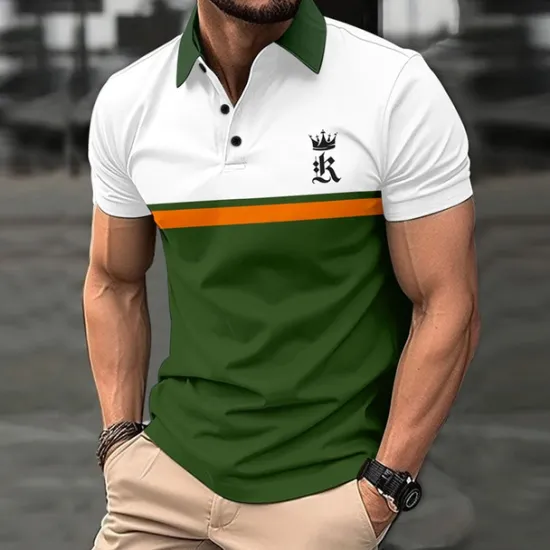 Online OUKU Men's Golf Shirt Golf Polo Work Casual Lapel Short Sleeve Basic Modern Color Block Patchwork Button Spring & Summer Regular Fit Black Dark navy Royal Blue Blue Orange Green Golf Shirt