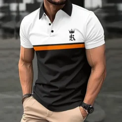Online OUKU Men's Golf Shirt Golf Polo Work Casual Lapel Short Sleeve Basic Modern Color Block Patchwork Button Spring & Summer Regular Fit Black Dark navy Royal Blue Blue Orange Green Golf Shirt