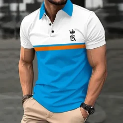 Online OUKU Men's Golf Shirt Golf Polo Work Casual Lapel Short Sleeve Basic Modern Color Block Patchwork Button Spring & Summer Regular Fit Black Dark navy Royal Blue Blue Orange Green Golf Shirt