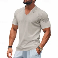 Hot OUKU Men's Golf Shirt Golf Polos Shirts Work Casual V Neck Short Sleeve Basic Modern Plain Jacquard Summer Spring Regular Fit Apricot White Brown Light Grey Army Green Light Blue Golf Shirt