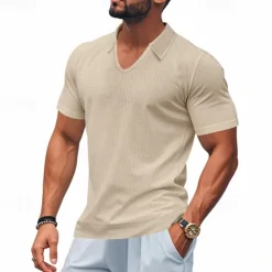 Hot OUKU Men's Golf Shirt Golf Polos Shirts Work Casual V Neck Short Sleeve Basic Modern Plain Jacquard Summer Spring Regular Fit Apricot White Brown Light Grey Army Green Light Blue Golf Shirt