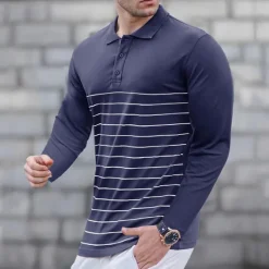 Best OUKU Men's Golf Shirt Golf Polo Work Casual Lapel Long Sleeve Basic Modern Stripes Button Spring & Fall Regular Fit Wine Black Army Green Royal Blue Khaki Gray Golf Shirt