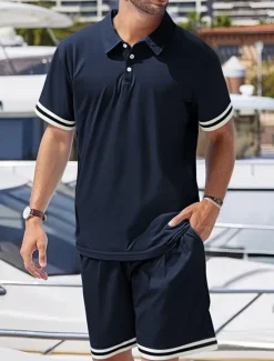 OUKU Men's Golf Shirt Golf Polos Shirts Work Casual Lapel Short Sleeve Basic Modern Color Block Patchwork 2 Piece Summer Regular Fit Black White Navy Blue Dark Green Khaki Light Grey Golf Shirt