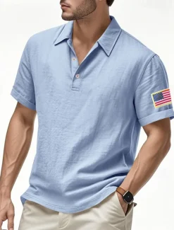 Clearance OUKU Men's Golf Shirt Golf Polos Shirts Work Casual Lapel Short Sleeve Basic Modern American US Flag Buttons Summer Regular Fit Light Khaki Black White Navy Blue Army Green Gray Golf Shirt