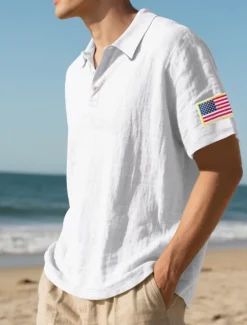 Clearance OUKU Men's Golf Shirt Golf Polos Shirts Work Casual Lapel Short Sleeve Basic Modern American US Flag Buttons Summer Regular Fit Light Khaki Black White Navy Blue Army Green Gray Golf Shirt
