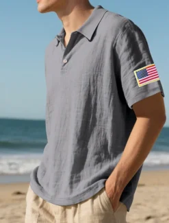 Clearance OUKU Men's Golf Shirt Golf Polos Shirts Work Casual Lapel Short Sleeve Basic Modern American US Flag Buttons Summer Regular Fit Light Khaki Black White Navy Blue Army Green Gray Golf Shirt