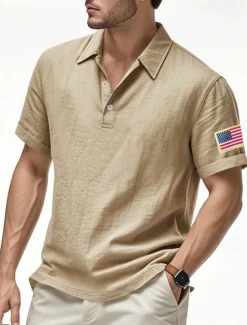 Clearance OUKU Men's Golf Shirt Golf Polos Shirts Work Casual Lapel Short Sleeve Basic Modern American US Flag Buttons Summer Regular Fit Light Khaki Black White Navy Blue Army Green Gray Golf Shirt