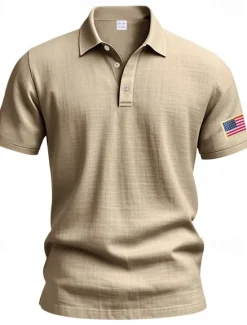 Clearance OUKU Men's Golf Shirt Golf Polos Shirts Work Casual Lapel Short Sleeve Basic Modern American US Flag Buttons Summer Regular Fit Light Khaki Black White Navy Blue Army Green Gray Golf Shirt