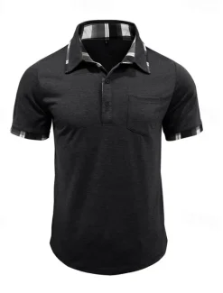 Hot OUKU Men's Golf Shirt Golf Polos Shirts Work Casual Lapel Short Sleeve Basic Modern Plaid Color Block Patchwork Buttons Summer Spring Regular Fit Wine Black Blue Green Khaki Light Grey Golf Shirt
