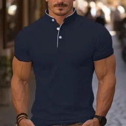 New OUKU Men's Golf Shirt Golf Polo Work Casual Stand Collar Short Sleeve Basic Modern Color Block Patchwork Button Spring & Summer Regular Fit Wine Pink Navy Blue Green Golf Shirt