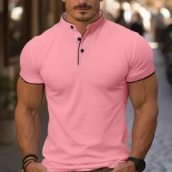 New OUKU Men's Golf Shirt Golf Polo Work Casual Stand Collar Short Sleeve Basic Modern Color Block Patchwork Button Spring & Summer Regular Fit Wine Pink Navy Blue Green Golf Shirt