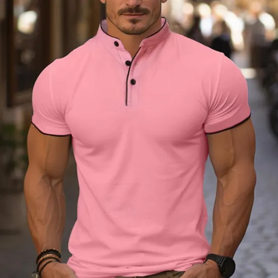 New OUKU Men's Golf Shirt Golf Polo Work Casual Stand Collar Short Sleeve Basic Modern Color Block Patchwork Button Spring & Summer Regular Fit Wine Pink Navy Blue Green Golf Shirt