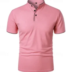 New OUKU Men's Golf Shirt Golf Polo Work Casual Stand Collar Short Sleeve Basic Modern Color Block Patchwork Button Spring & Summer Regular Fit Wine Pink Navy Blue Green Golf Shirt