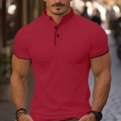 New OUKU Men's Golf Shirt Golf Polo Work Casual Stand Collar Short Sleeve Basic Modern Color Block Patchwork Button Spring & Summer Regular Fit Wine Pink Navy Blue Green Golf Shirt