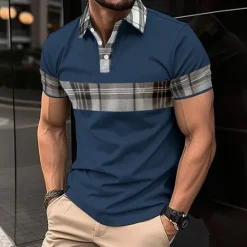 Discount OUKU Men's Golf Shirt Golf Polo Work Casual Lapel Short Sleeve Basic Modern Plaid Color Block Patchwork Button Spring & Summer Regular Fit Black White Blue khaki Golf Shirt